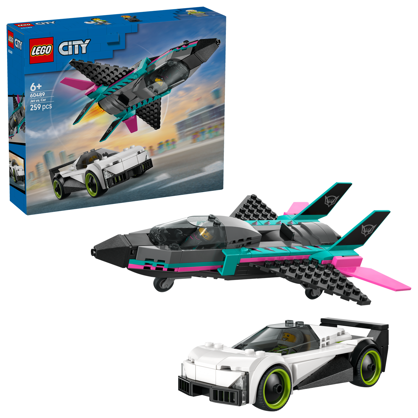 LEGO® City Straalvliegtuig vs. Sportauto - Bouwset met Speelgoedauto en 2 Minifiguren voor Kinderen Vanaf 6 Jaar - 60489