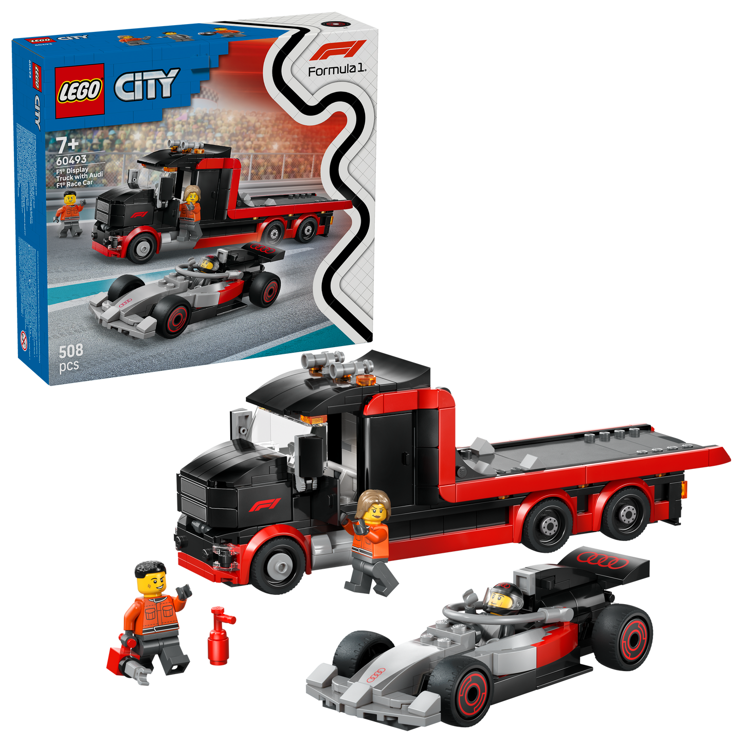 LEGO City F1 Displaytruck met Audi F1 Racewagen Speelgoed voor Kinderen - Bouwpakket met 3 Minifiguren en Voertuigliftfunctie - Cadeau voor Jongens vanaf 7 Jaar en Motorsport Fans - 60493