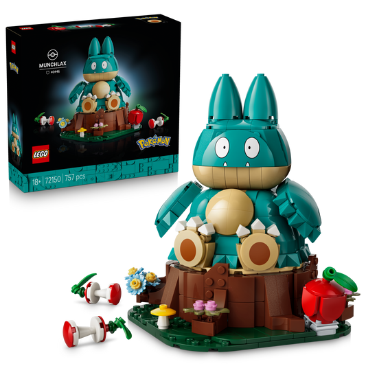 LEGO Pokémon Munchlax - Verzamelbaar Dieren Figuur met Boomstam, Appel en 2 Klokkenhuizen - Woondecoratie en Kantoor Decoratie - Bouwpakket voor Volwassenen - Cadeau voor Mannen en Vrouwen 72150